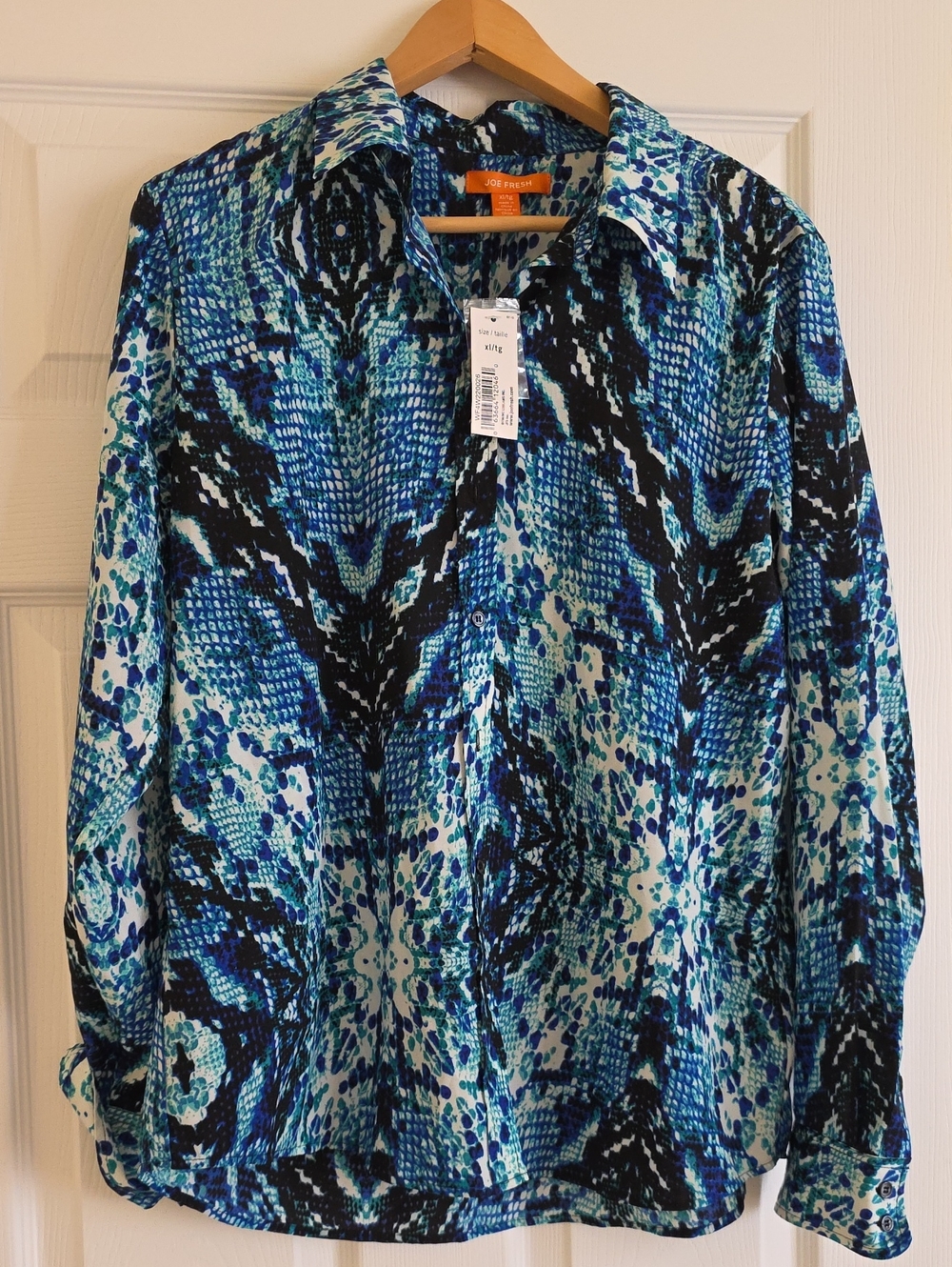 Joe Fresh Blue Teal Black Abstract Print Button-Up Blouse